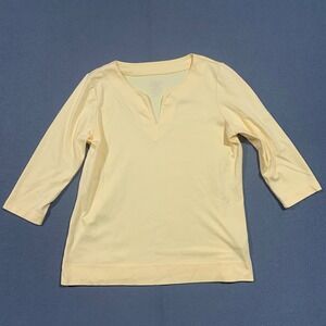 LL Bean Womens Petite Butter Yellow V Neck 3/4 Sleeve Casual Top Shirt Size SP